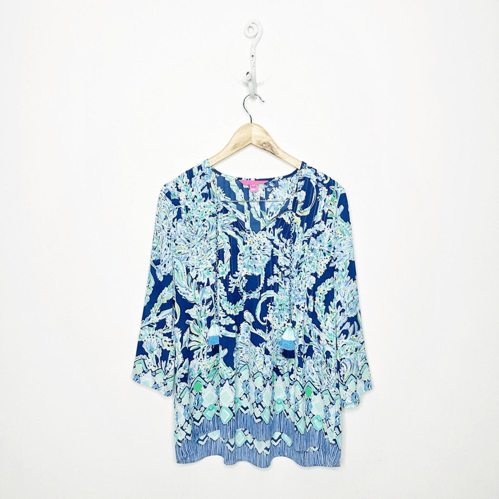 Lilly Pulitzer Marilina Tunic Womens XS Scuba Doo High Tide Navy 001471 tassles